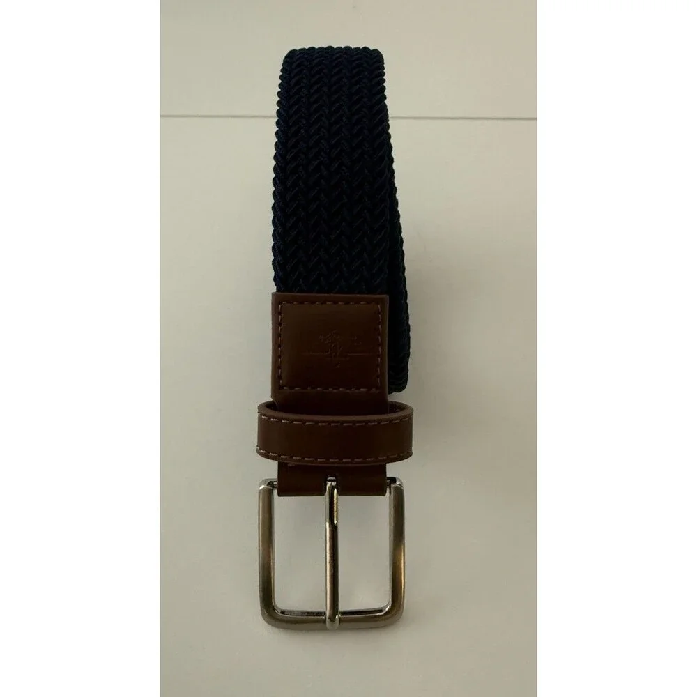 Dockers Belt Stretch Men Navy w/ Brown faux Leather Trim L XL $34 MSRP
